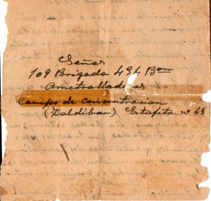 Reverso de la carta que envió desde el Campo de Concentración de Zaldívar, Andrés Barrero. 1 de abril de 1939.
