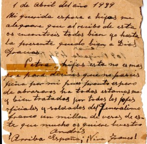 Anverso de una de las dos últimas cartas que envió desde el Campo de Concentración de Zaldívar. 1 de abril de 1939.